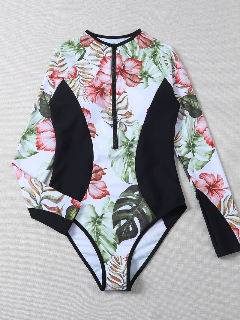Costumi da bagno da donna Visto per la prima volta Nuovo costume da bagno intero sexy stampato attillato da donna Commercio estero Sport a maniche lunghe Bikini con cerniera_voghion.com