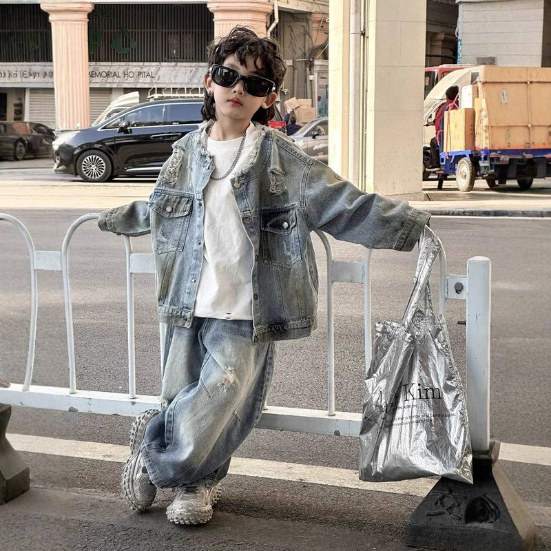 2025 Lente Nieuwe Kinderkleding Jongens Koreaanse Mode Versleten Gescheurde Spijkerjas Jeans Lentepak_voghion.com