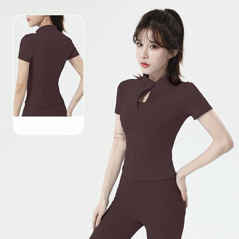 Yüksek Elastikiyetli Yoga Kısa Kollu Ceket Dik Yaka, Slim Fit Kompresyon Mont – Nude-Feel Fitness & Bisiklet Antrenman Üstü_voghion.com