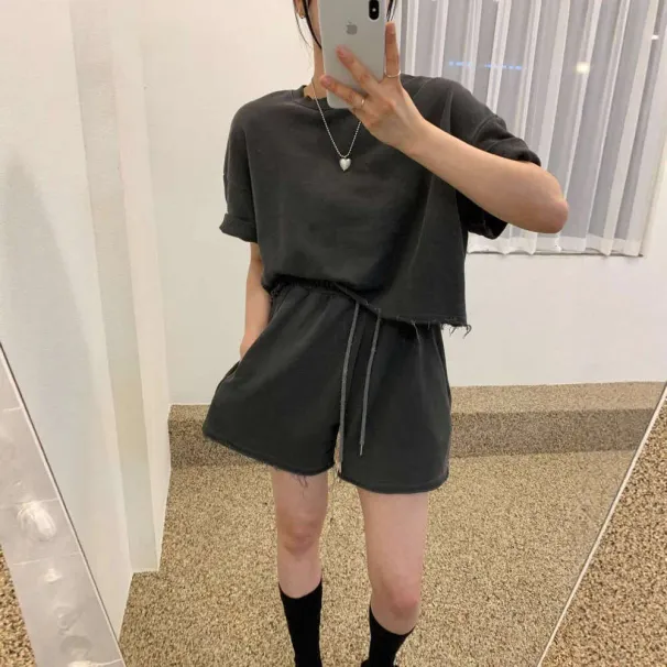 Korean Chic Summer Versatile Loose Outfit For Women Short Sleeve T-Shirt Shorts Elastic Waist Two-Piece Set Trendy_voghion.com