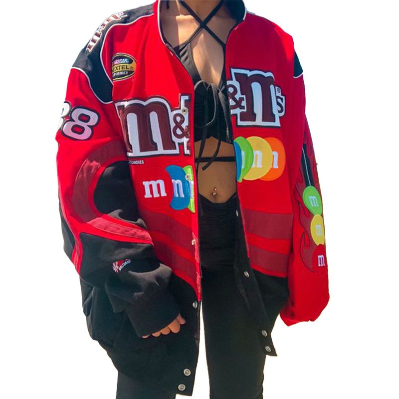 Damenbekleidung Herbst und Winter neue Jacke im Motorradstil, farblich passender Druck, lässig, locker, langärmeliger Persönlichkeitsmantel_voghion.com