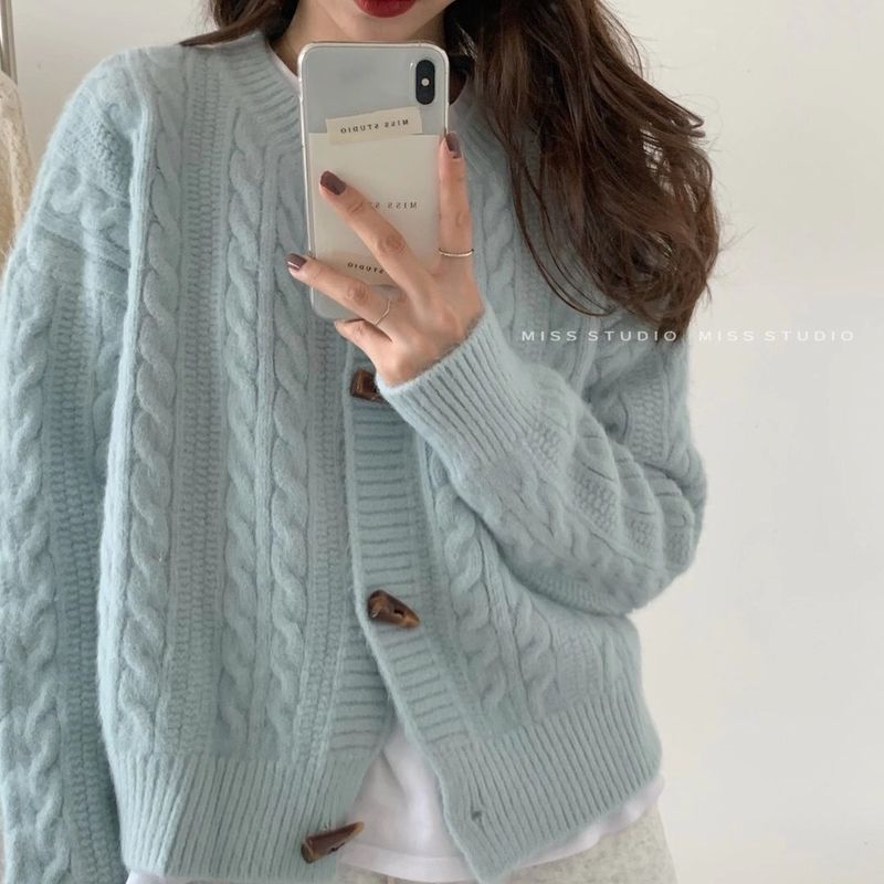 Maglione con bottoni in corno di mucca, modello Fried Dough Twists, per donna, autunno e inverno, stile college, girocollo, cardigan corto_voghion.com