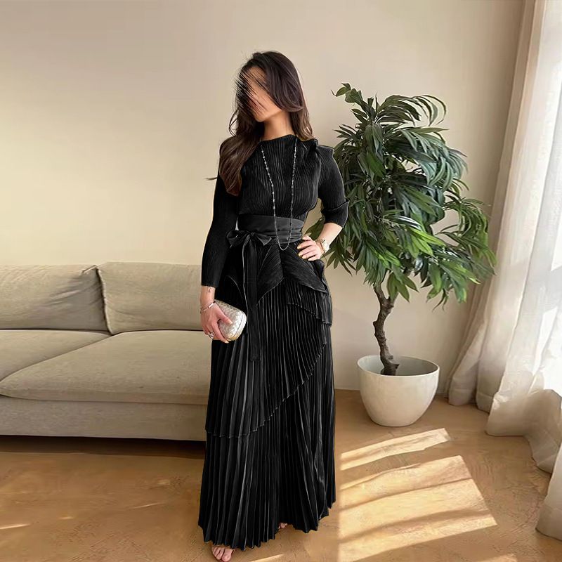 Sieviešu apģērbi, kaklasaites kroku jostasvietas augšējais divdaļīgs uzvalks_voghion.com