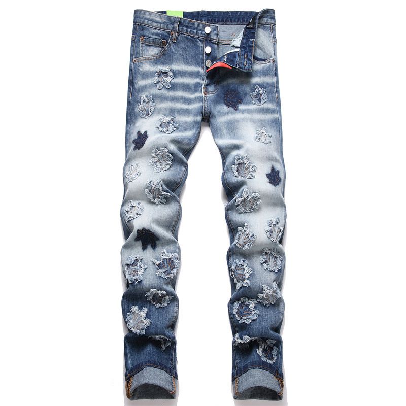 Vêtements pour hommes Repérez le nouveau printemps punk jeans pour hommes déchiré patch broderie taille mince pantalons pour hommes_voghion.com