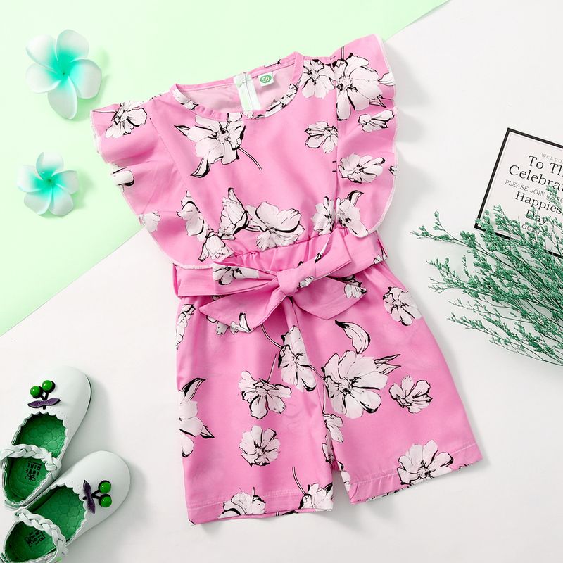 Babies' clothes 0-2 years old girls one-piece five-point pants toddler flower short-sleeved one-piece overalls one-piece pants_voghion.com
