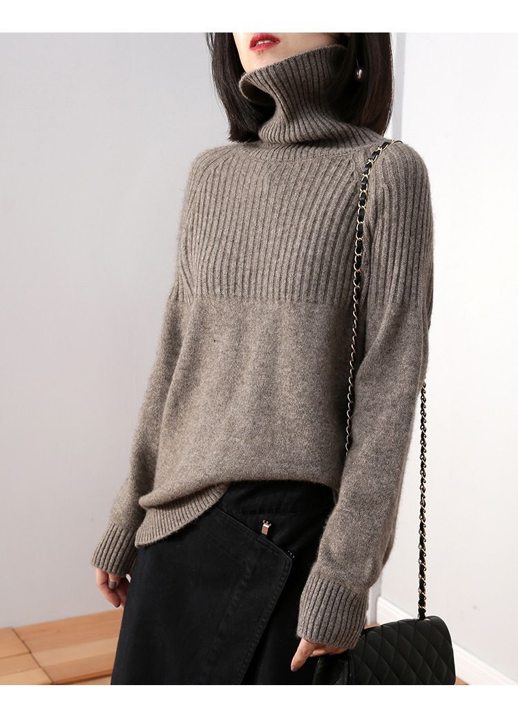 Oversize-Pullover mit hohem Kragen im koreanischen Stil – Grobstrickpullover für Damen aus Acrylmischung (Grau/Schwarz/Taupe/Braun/Beige)_voghion.com