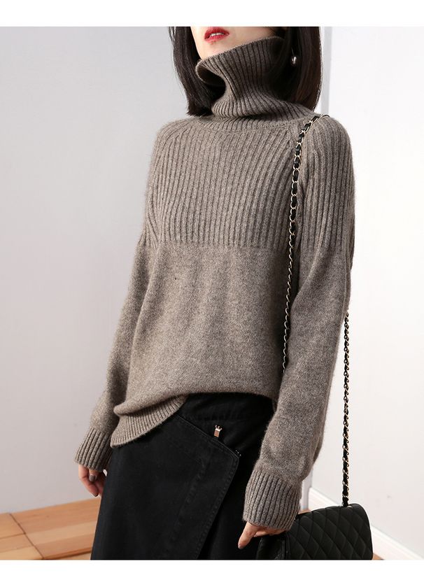 Oversize-Pullover mit hohem Kragen im koreanischen Stil – Grobstrickpullover für Damen aus Acrylmischung (Grau/Schwarz/Taupe/Braun/Beige)_voghion.com