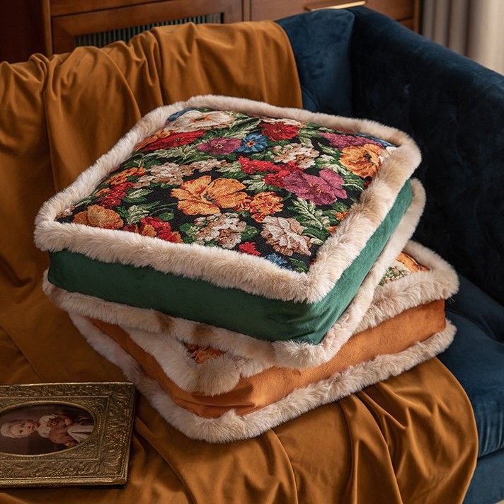 Premium Cotton-Linen Floor Cushion – Thick Square Seat Pad With Vintage Botanical Print (Non-Slip Base, Breathable PP Cotton Fill, Boho Chic Decor)_voghion.com