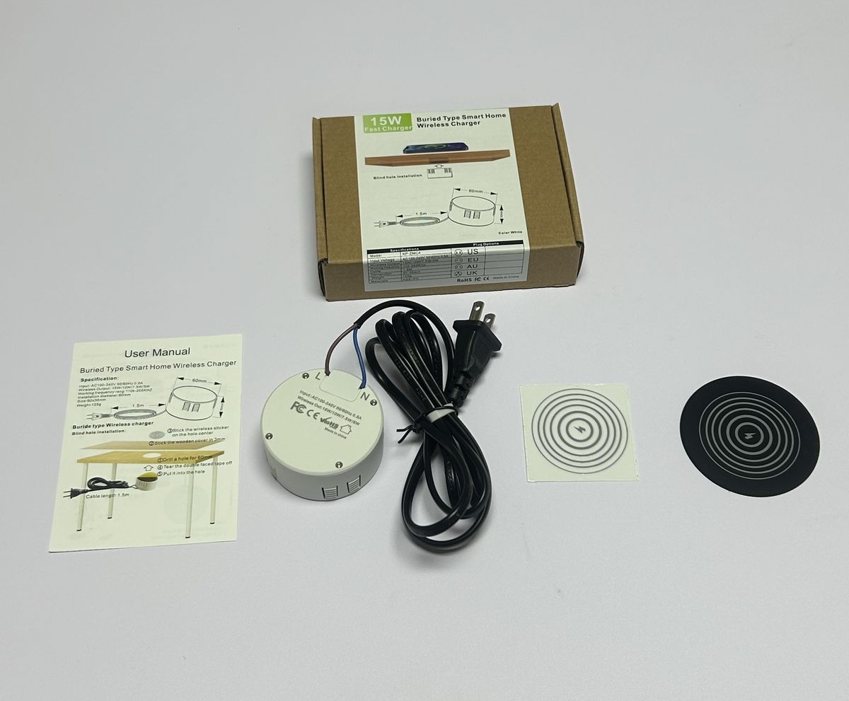 15W Fast Wireless Charger – Built-in Furniture Charging Pad For Desk/Nightstand, QC3.0 & PD20W Compatible, 220V Universal Voltage (US Plug)_voghion.com