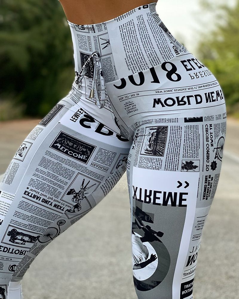Sieviešu avīzes apdruka ar augstu vidukli pieguļošas jogas bikses_voghion.com