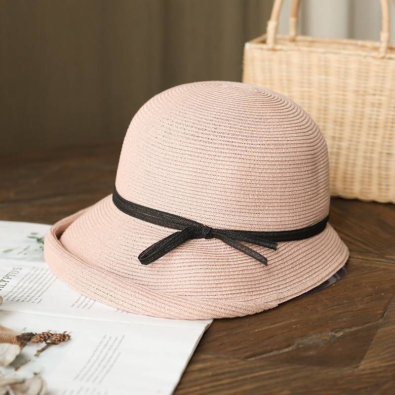 Hepburn wind shade straw hat woman retro foldable basin hat Artistic fisherman hat simple sun hat casual hat_voghion.com