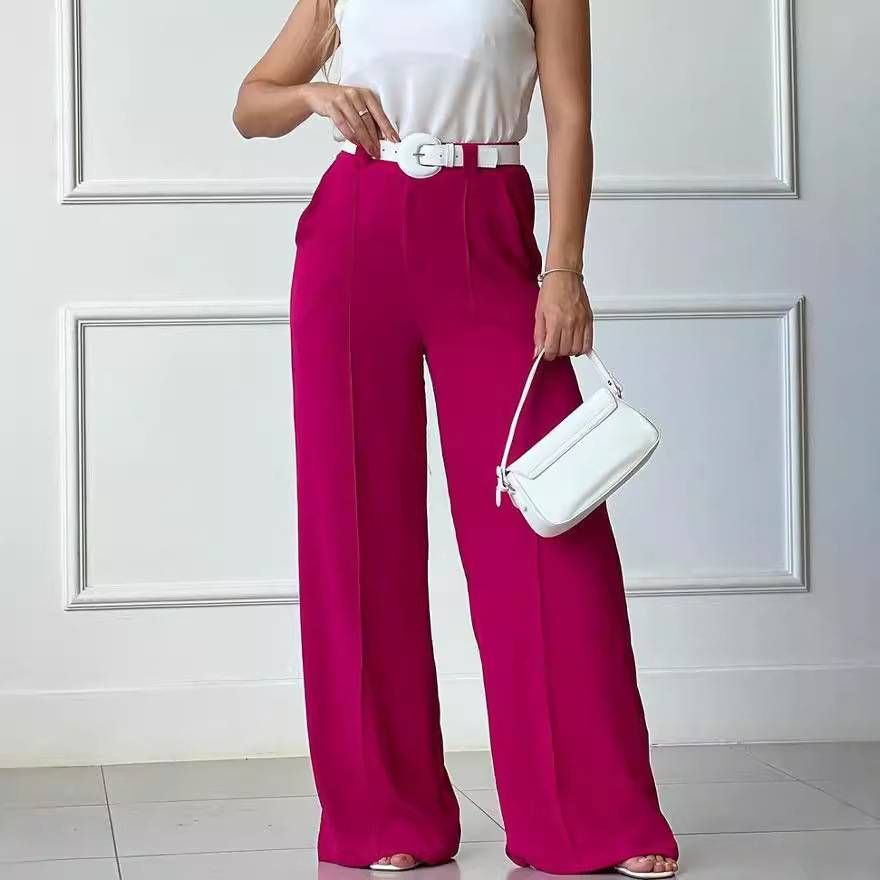 Women's Clothing Thin Trousers Solid Color Loose Pleated Wide Leg Casual Trousers Elastic Waist_voghion.com