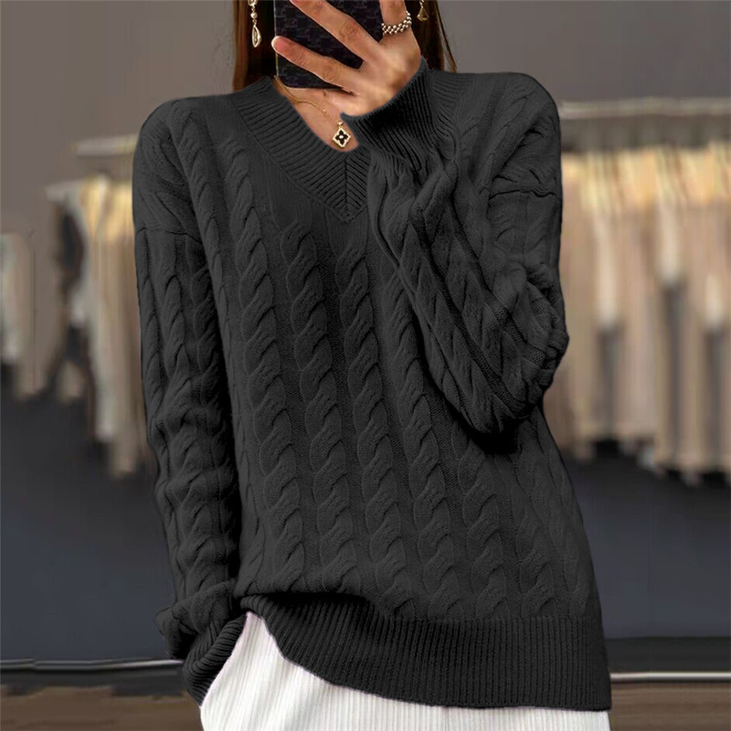 Damenbekleidung, einfarbig, langärmelig, gedrehter Pullover mit V-Ausschnitt, Pullover für Damen_voghion.com