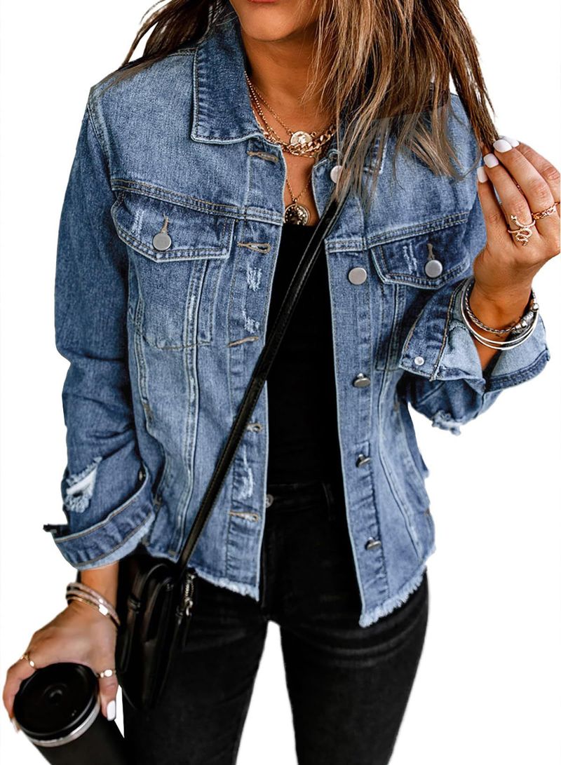 Giacca in denim effetto consumato da donna - Cappotto in jeans corto e lavato vintage con colletto a revers e maniche lunghe_voghion.com