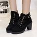 2025 Spring New Martin Lace Up Round Head Women's Matte Material Coarse High Heel Short Boots_voghion.com