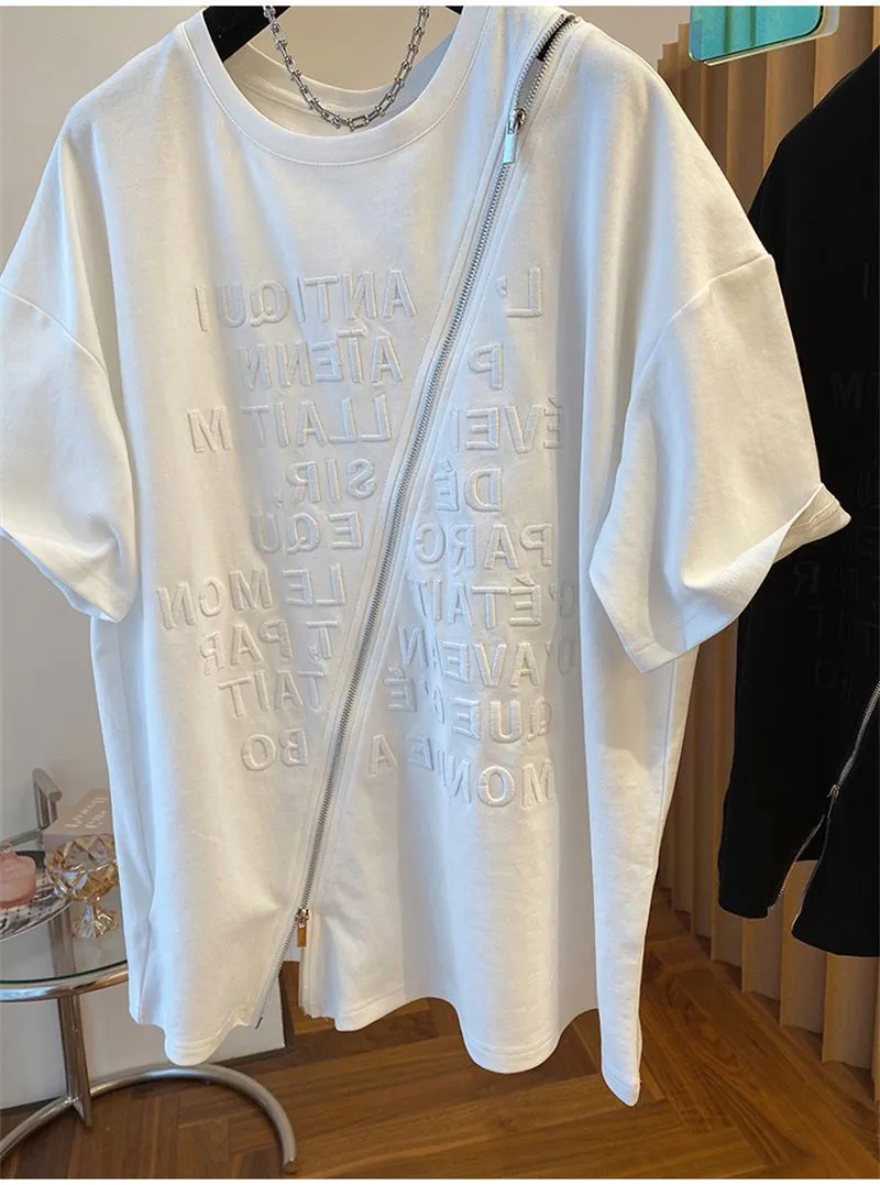 Women's Clothing new loose embroidery pure cotton heavy short-sleeved T-shirt female zipper split top_voghion.com