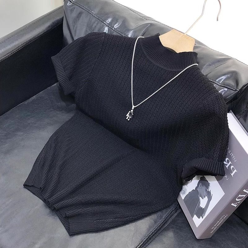 Men's Clothing Fashion brand ins simple short sleeved sweater men's jacquard versatile slim knit sweater fashion youth round neck T shirt men_voghion.com