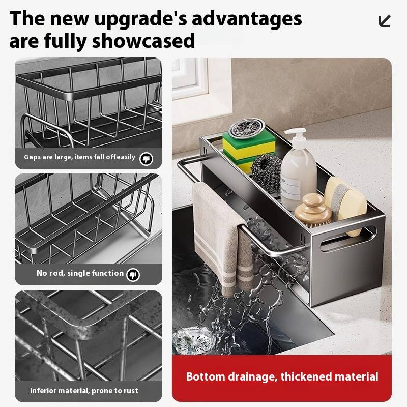 Multifunctional Kitchen Sink Drainer Rack With Towel Bar, Space-Saving Dish Drying Rack, Sturdy Carbon Steel, Modern Design_voghion.com