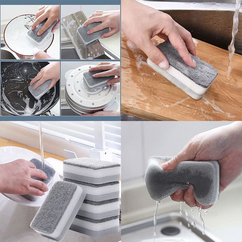 Dishwashing Sponge Gray White Bowl Pot Double-sided Decontamination Cleaning Brush Kitchen Magic Thickened Scrubbing_voghion.com
