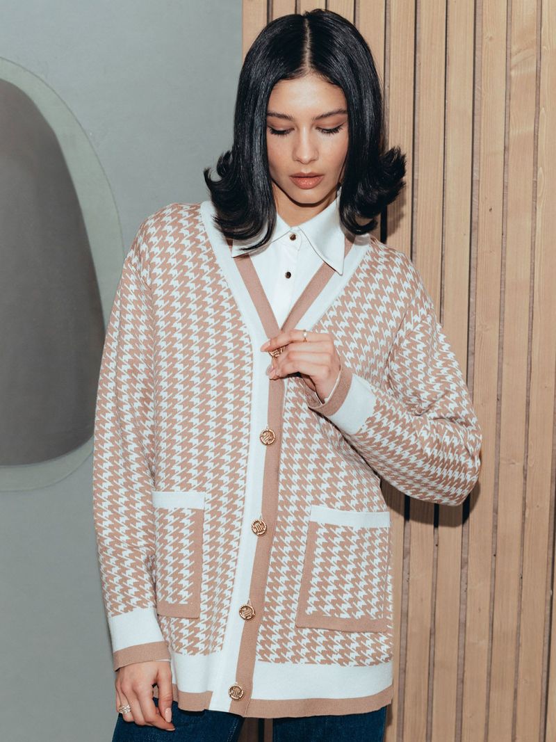 Women's houndstooth sweater cardigan autumn and winter elegant ladies loose knitted cardigan_voghion.com
