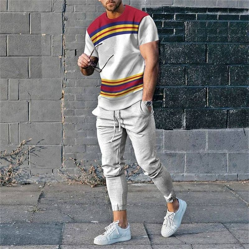 Teenage and guys young men casual loose suit 3D digital printing sports short-sleeved trousers two-piece suit_voghion.com