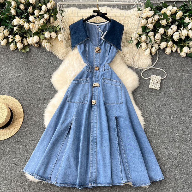 Women's Clothing  Design sense large lapel sleeveless vest dress for women, hollow waist exposed slim long retro denim dress for women_voghion.com