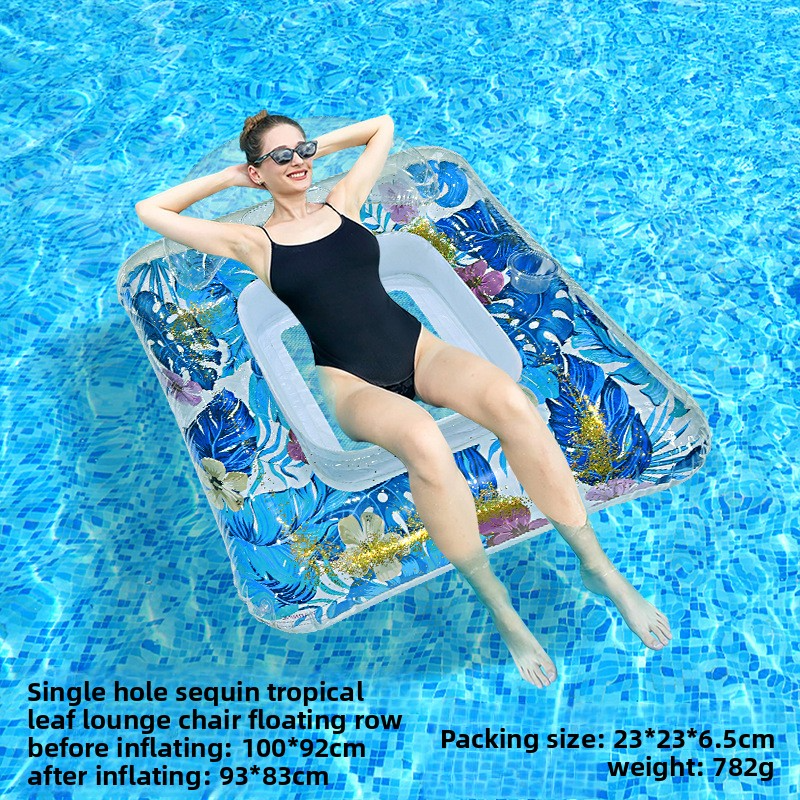 Tapis flottant gonflable écologique – Motif feuilles tropicales avec surface en maille et porte-gobelet (chaise longue carrée en PVC respirant pour plage/piscine)_voghion.com