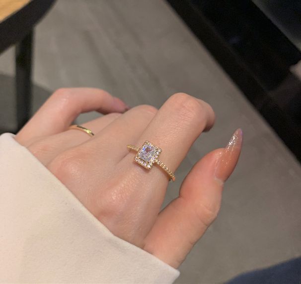 South Korea Dongdaemun Light Luxury Zircon Sparkling Ins Niche Design Square Diamond Cold Exquisite Ring Opening Female_voghion.com