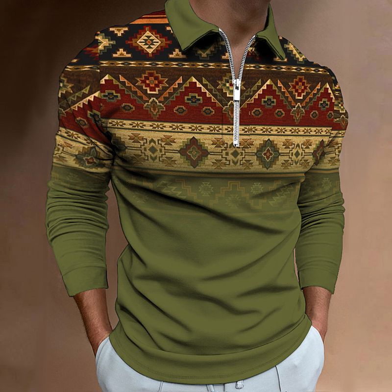 Erkek fermuarlı rahat slim fit erkek yaka dijital baskılı uzun kollu polo tişört_voghion.com