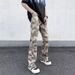 Calça jeans masculina streetwear camuflada - Calça reta de corte folgado com design urbano, tecido de poliéster confortável, estilo casual moderno._voghion.com