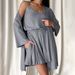 Three-piece Women's Pajamas Homewear Knitted Pit Strip Long-sleeved Nightgown Suspender Shorts_voghion.com