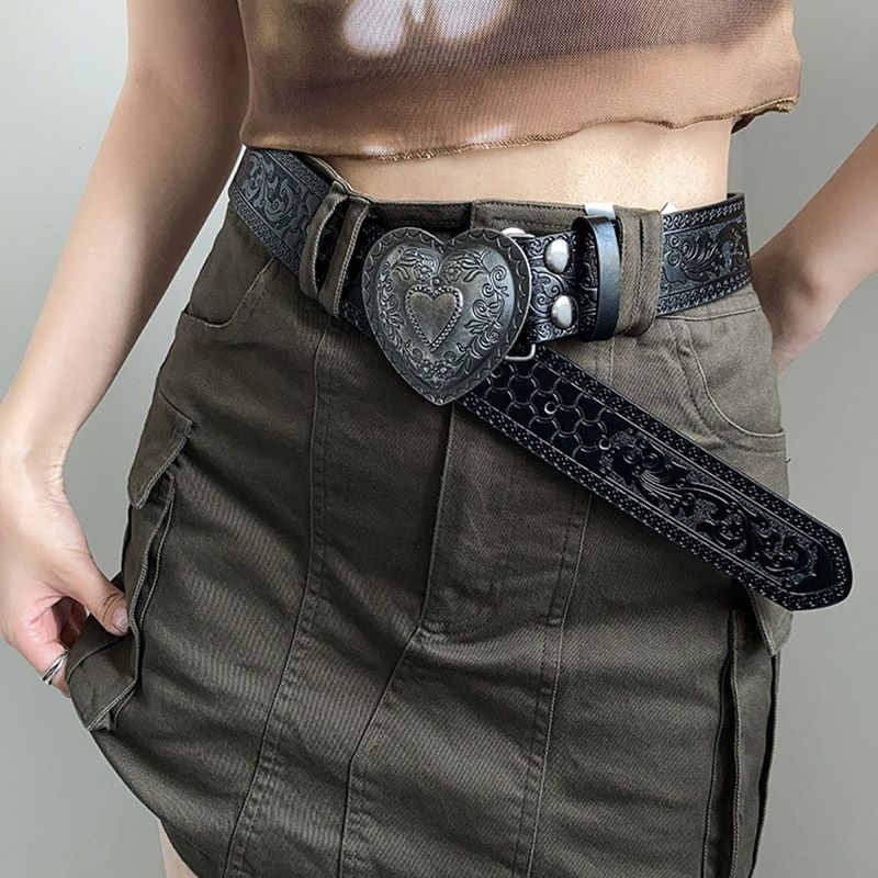 Antique Silver Carved Buckle Women's Fashion Embossed Delicate Design Versatile Belt_voghion.com