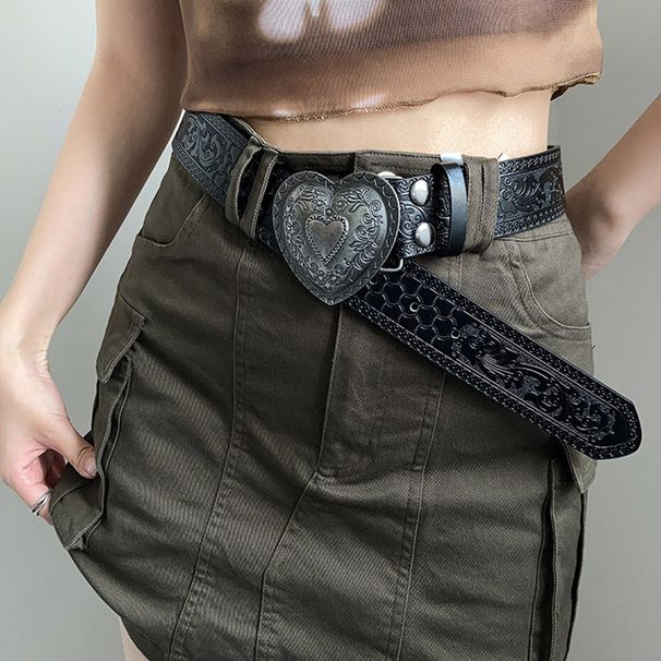 Antique Silver Carved Buckle Women's Fashion Embossed Delicate Design Versatile Belt_voghion.com