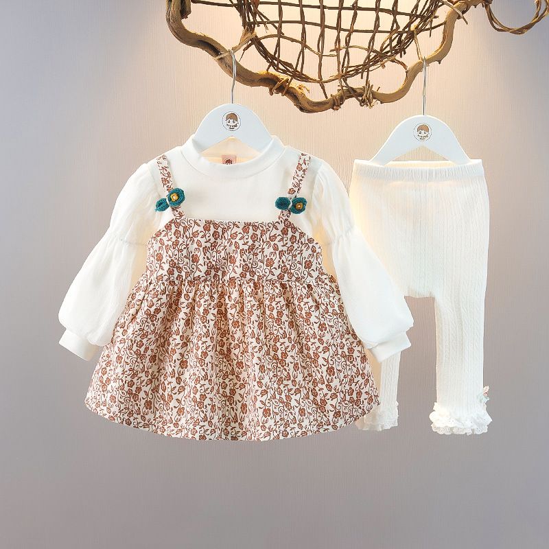 gyerekruha Lányoknak hosszú ujjú virágos harisnyatartó ruha szett Gyermek stílusos kétrészes kislány ruha szett_voghion.com