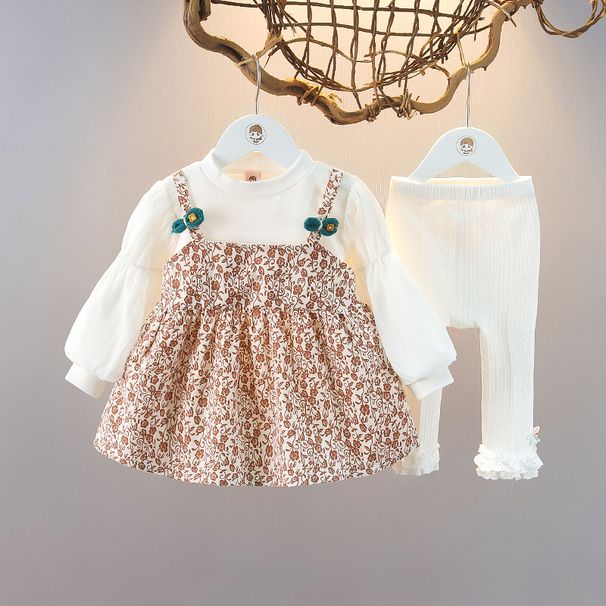 gyerekruha Lányoknak hosszú ujjú virágos harisnyatartó ruha szett Gyermek stílusos kétrészes kislány ruha szett_voghion.com