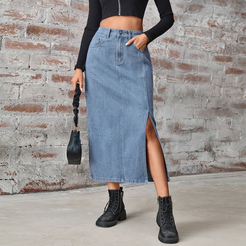 Washed Denim Stretch Waist Slit Half Body Skirt, Ladies Spring And Summer New Splicing Denim Half Body A-line Skirt For Women_voghion.com