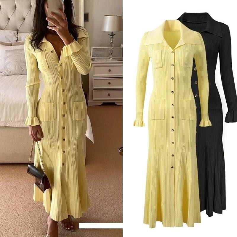 Women's Clothing Lady Temperament Knitted Dress Autumn And Winter New Style High End Long Sleeved Waist Elegant Dress_voghion.com