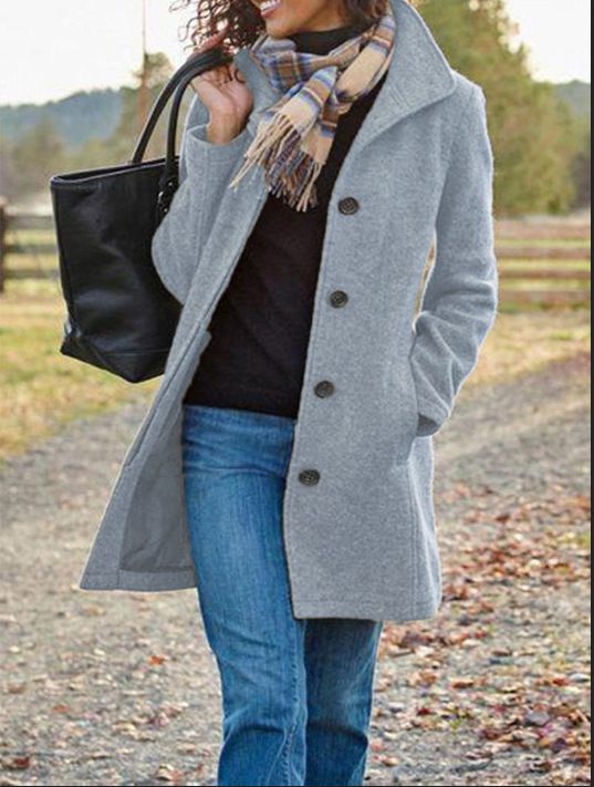 Women’s Long Wool Blend Coat – Slim Fit Trench Coat With Notched Collar, Solid Color, Button Front, Polyester Outerwear_voghion.com