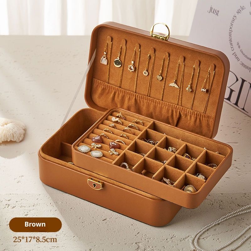 Vintage Leather Jewelry Box With Lock – Large Capacity 2-Tier Organizer For Earrings, Rings & Necklaces, Dustproof Multi-Compartment Storage Case_voghion.com
