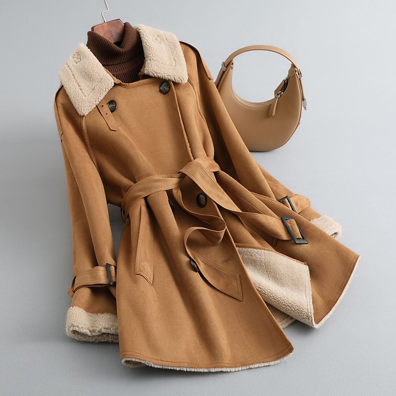 Damen-Wintermantel aus Kunstpelz mit Besatz aus 100 % Lammwolle, mittellange Jacke mit Gürtel für Büro und Freizeit_voghion.com