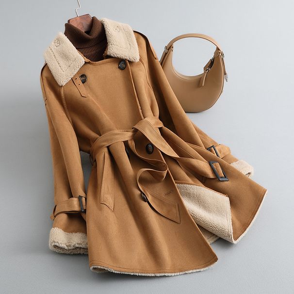 Damen-Wintermantel aus Kunstpelz mit Besatz aus 100 % Lammwolle, mittellange Jacke mit Gürtel für Büro und Freizeit_voghion.com