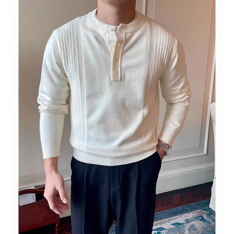Herrenbekleidung Herbst und Winter Neue Langarmpullover Herren Henley-Kragen Leicht Reifes Geschäft Schlanke Textur Sinn_voghion.com