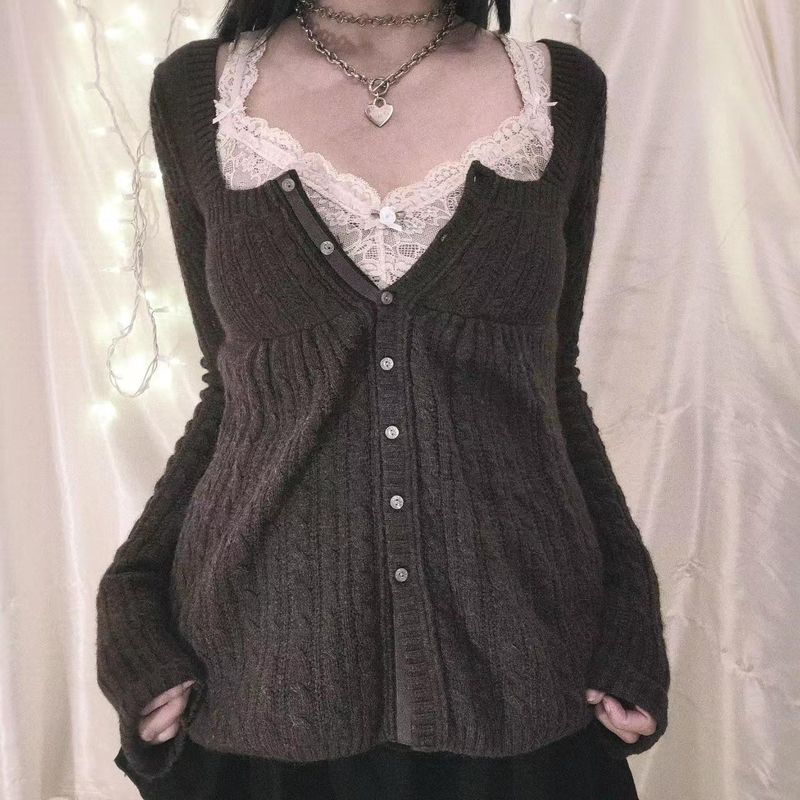 Women's Clothing Square Neck Sweater Retro Button Knitted Cardigan Top_voghion.com