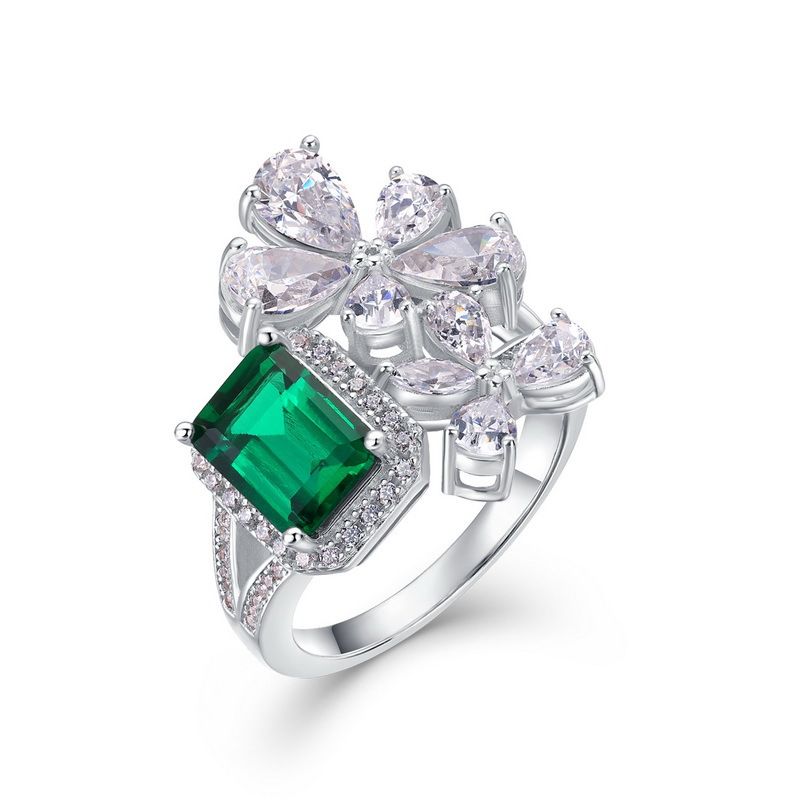 Bague en pierre précieuse colorée en pétales S925 en argent incrusté d'émeraude cultivée, bague rétro pour doigt, atmosphère légère et luxueuse_voghion.com