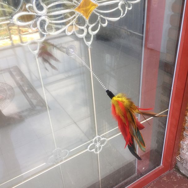 Swinging Suction Cup Spring Feather Cat Teaser Wand With Bell Pet Toy_voghion.com
