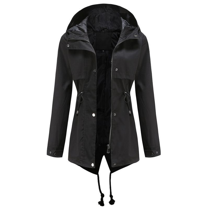Women's Clothing New Windbreaker Mid-length Hooded Jacket Long-sleeved Waist Outdoor Rainproof_voghion.com