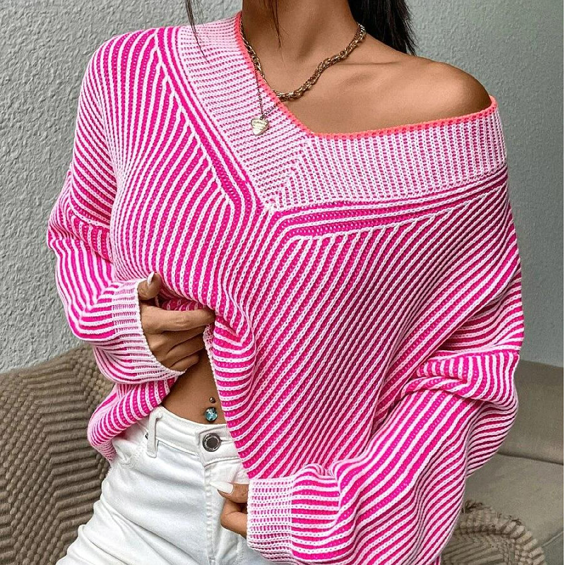 Abbigliamento da donna Maglione con scollo a V ampio e sottile con maniche a pipistrello a righe in colore a contrasto_voghion.com