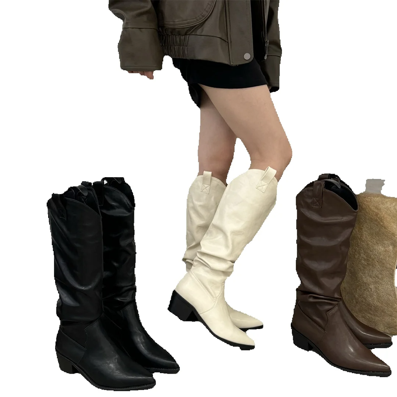 Botas marrones hasta la rodilla Otoño/Invierno 2025 Nuevas botas de media caña con punta puntiaguda Elegantes y versátiles_voghion.com