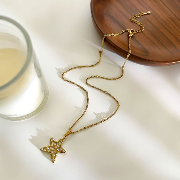 Collana da donna con ciondolo a forma di pentagramma tempestato di diamanti, in acciaio inossidabile placcato, molto venduta._voghion.com