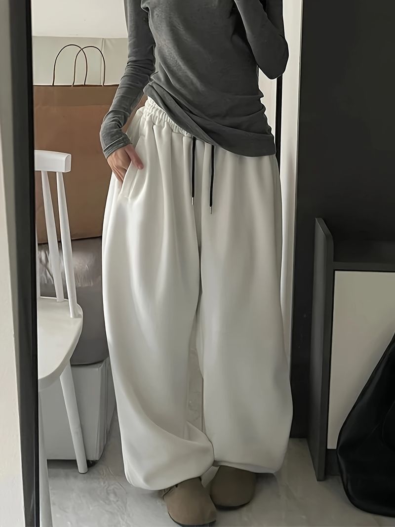Spodnie dresowe w stylu amerykańskim, luźne, z wysokim stanem i szerokimi nogawkami, w kolorze szarego, z czystej bawełny i podszewką z polaru, na jesień i zimę_voghion.com